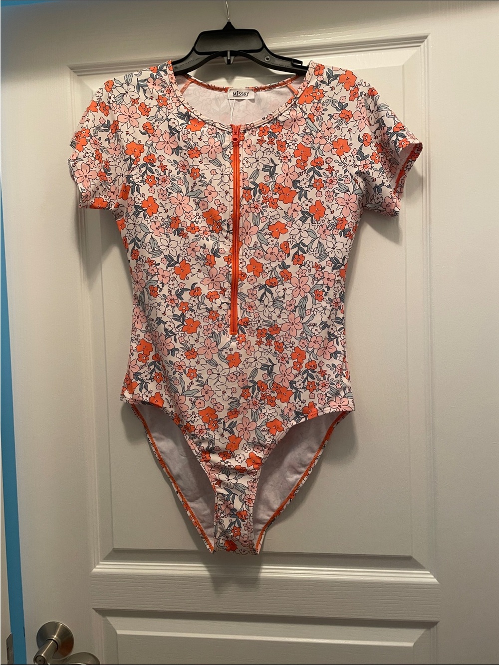 Missy Floral Zip-Front Short Sleeve Bodysuit in Orange and Pink